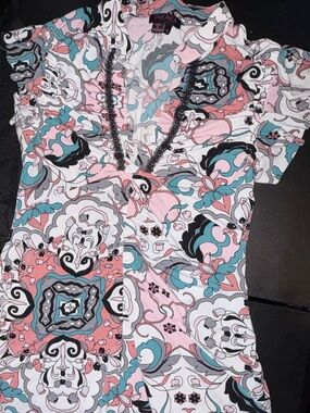 Bohemian Baroque Print Flutter Sleeve Smocked Tunic Top•Size M•